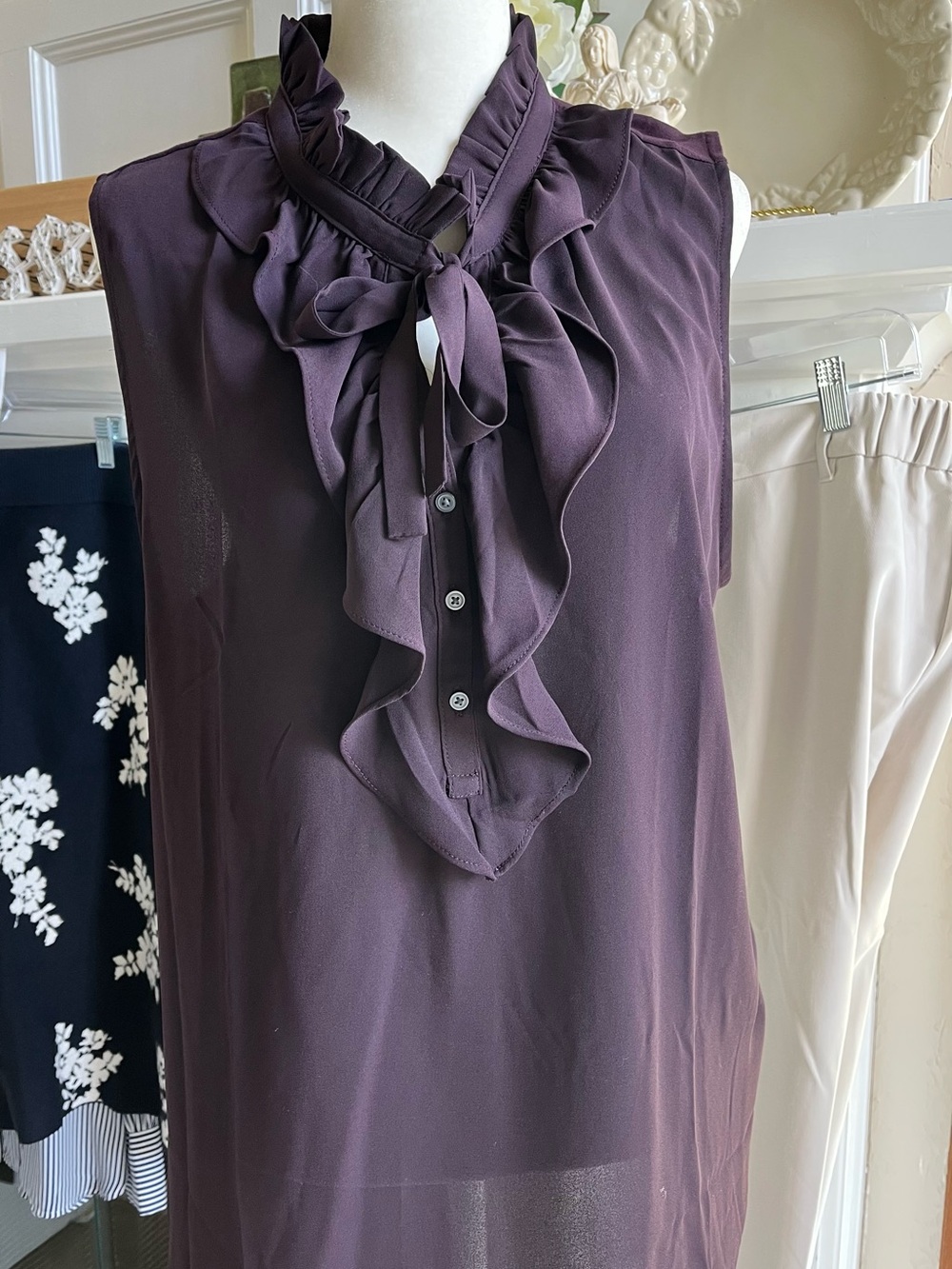 LOFT Deep Plum Ruffle Tie-Neck Sleeveless Blouse